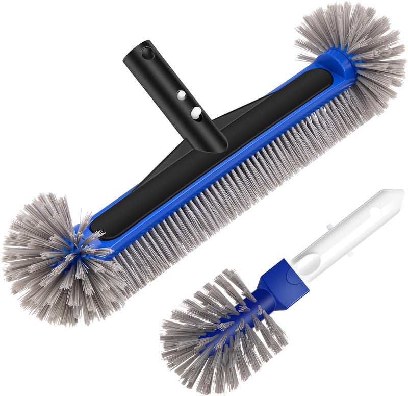 PAHTTO 16.7'' Swimming Pool Brush Head with Round Ends, EZ Clip Aluminum Handle, Heavy Duty Pool Brushes for Clean Swimming Pools Faster, Extra Corner Brush Head for Clean Pool Steps & Corners - Image 1